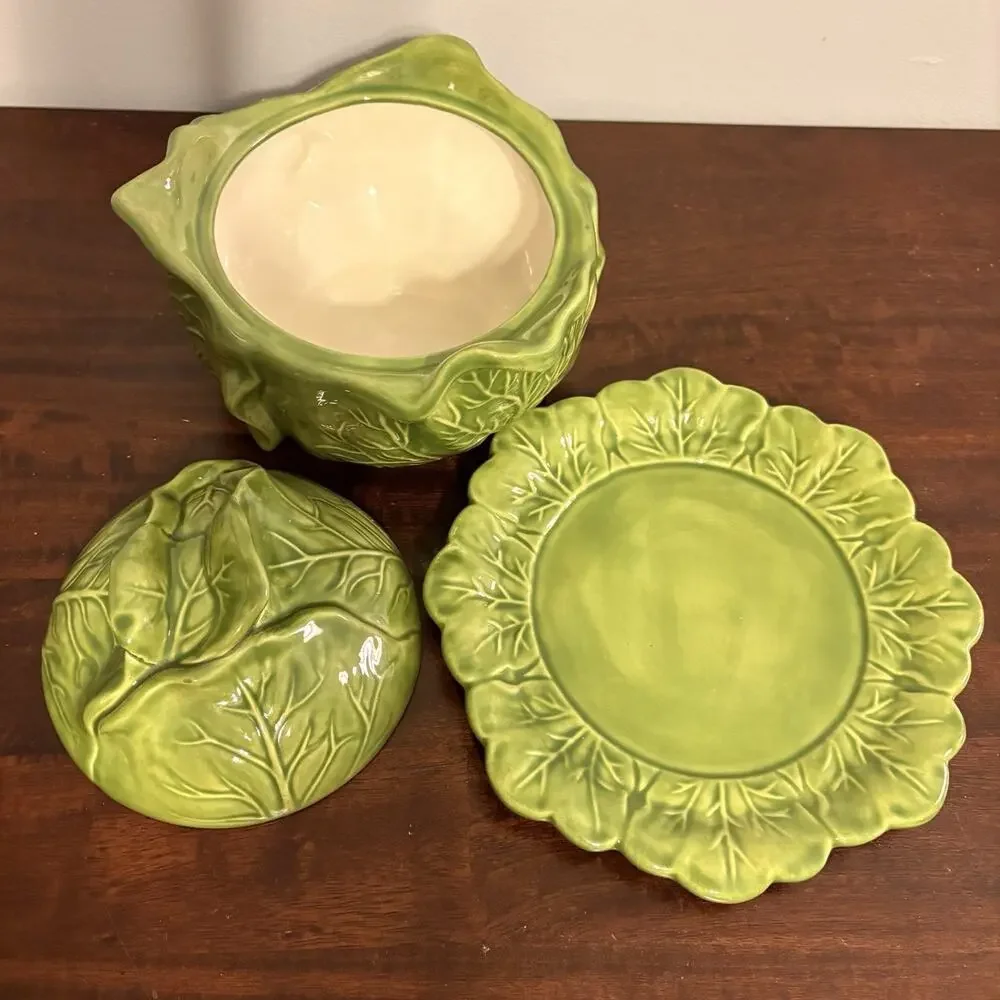 Vintage 1972 Holland Mold Cabbage Tureen with Lid & Underplate – Green Ceramic